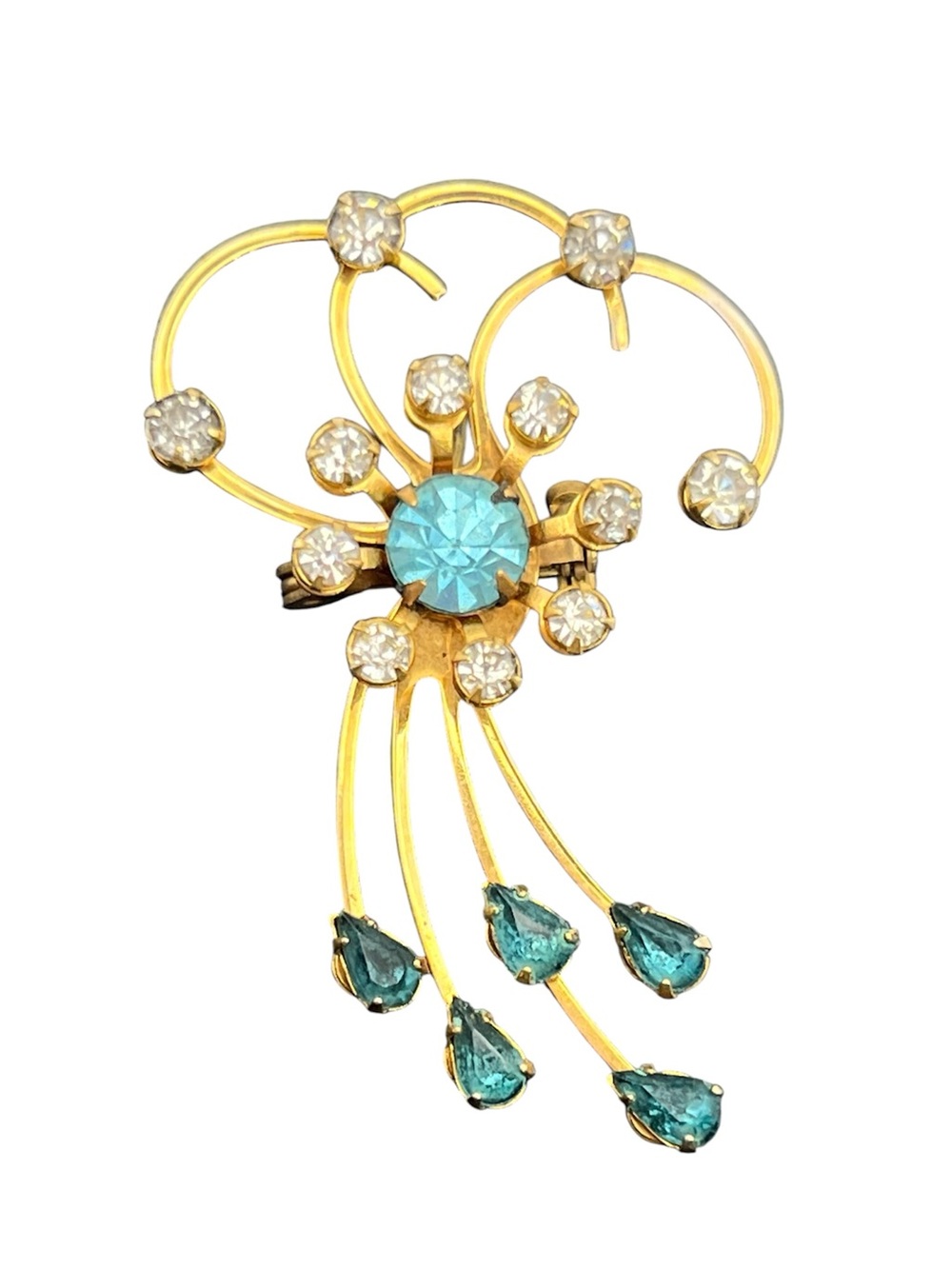 Blue rhinestone floral spray gold tone vintage pendant or brooch pin flower